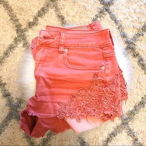 AEO Coral Floral Denim High Rise Festival Shorts